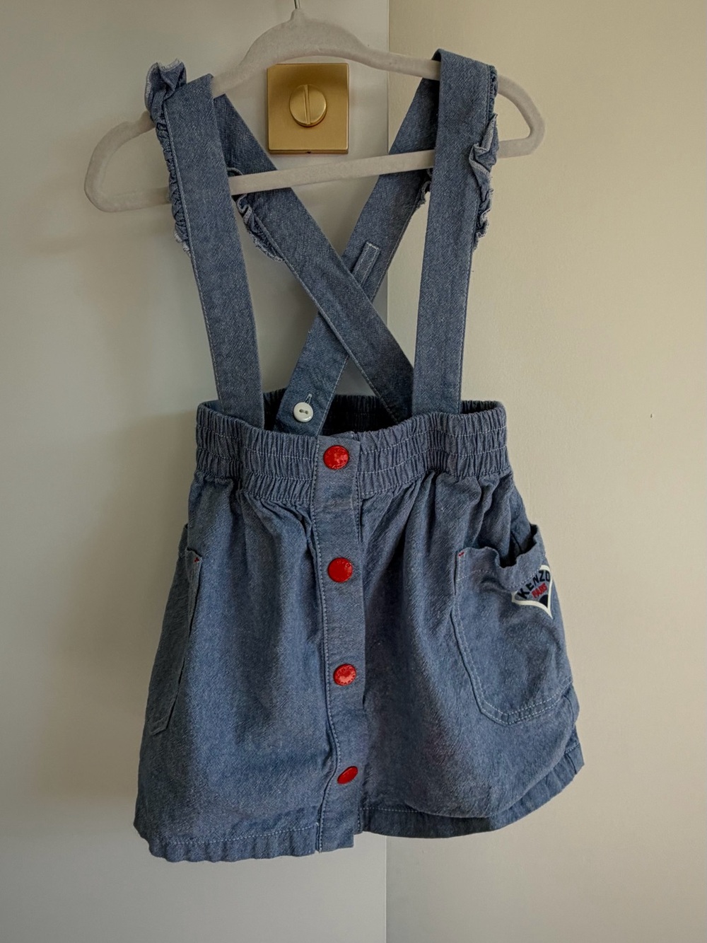 Kenzo Light Blue Denim Suspender Skirt with Red Button Accents & tshirt